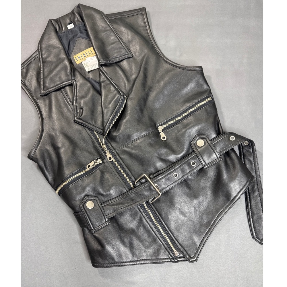 Amerella Black Faux Leather Moto Biker Vest Asymmetrical Zip Small Goth Punk Y2K